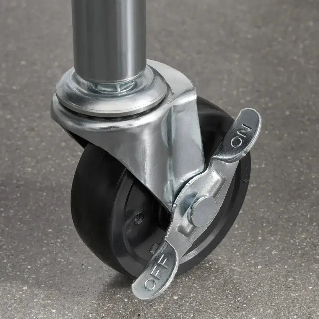 Close-up of a locking swivel caster wheel, showcasing its ON/OFF switch for mobility convenience.