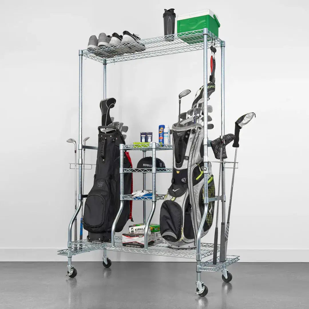 SafeRacks Deluxe Golf Bag Organizer with storage for golf bags, clubs, shoes, and accessories on wheels.