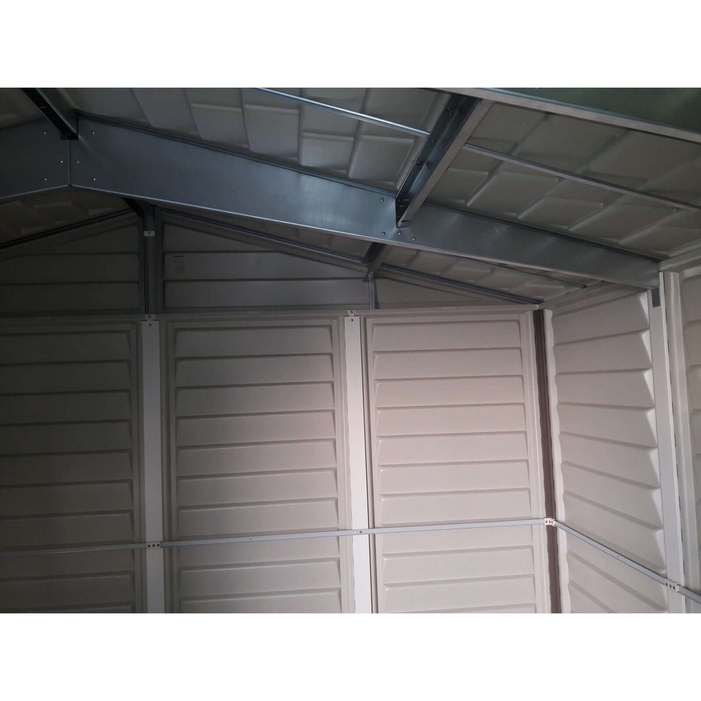 Interior view of a Duramax shed showcasing the roof structure and support for Duramax Roof Snow Support 01201.