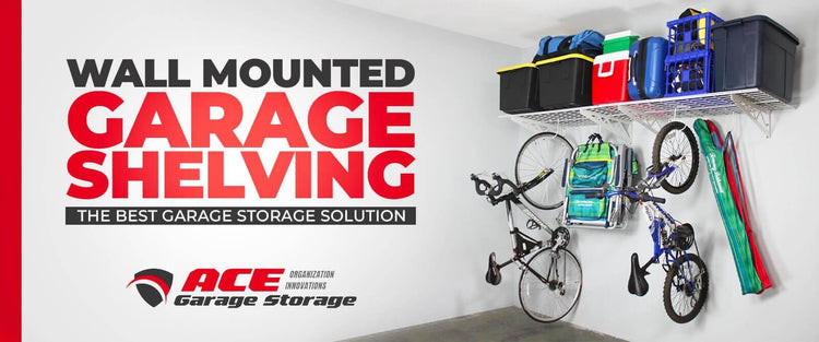 Image showcasing wall mounted garage shelving with bikes, storage bins, and organization solutions.