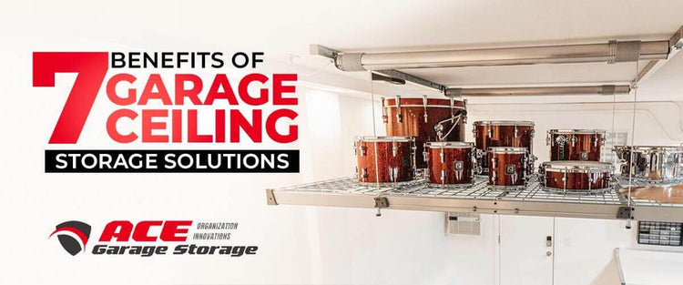 Image showcasing benefits of garage ceiling storage solutions with drums on ceiling shelves from ACE Garage Storage.