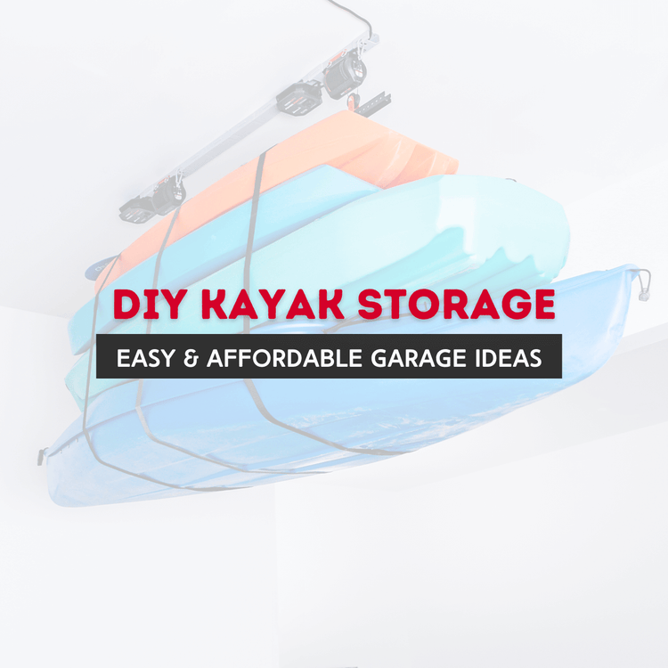 Colorful kayaks stored overhead in a garage showcasing easy DIY storage solutions.