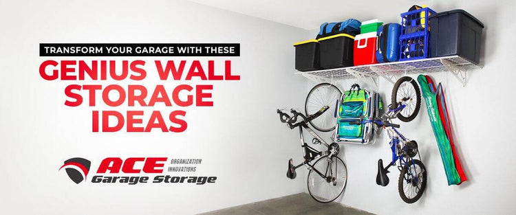 Genius wall storage ideas with organized bikes and bins in a tidy garage, promoting Ace Garage Storage.