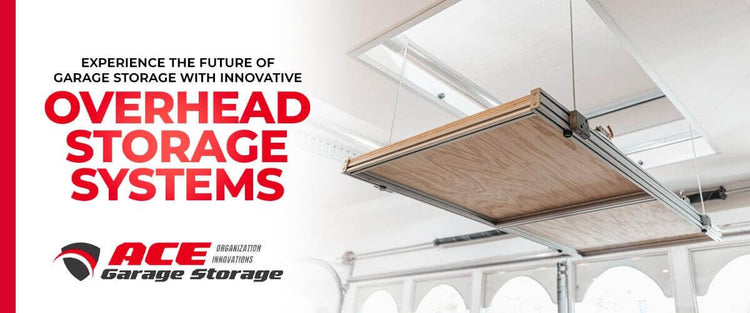 Innovative overhead storage system in a garage, maximizing space with ACE Garage Storage.