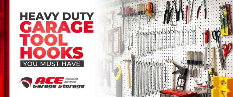 Heavy duty garage tool hooks displayed on a pegboard for organized tool storage.