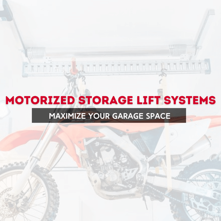 Motorized storage lift system for motorcycles optimizing garage space.