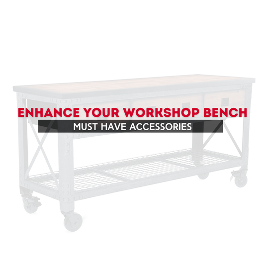 Workshop bench with text overlay: Enhance Your Workshop Bench, Must-Have Accessories.