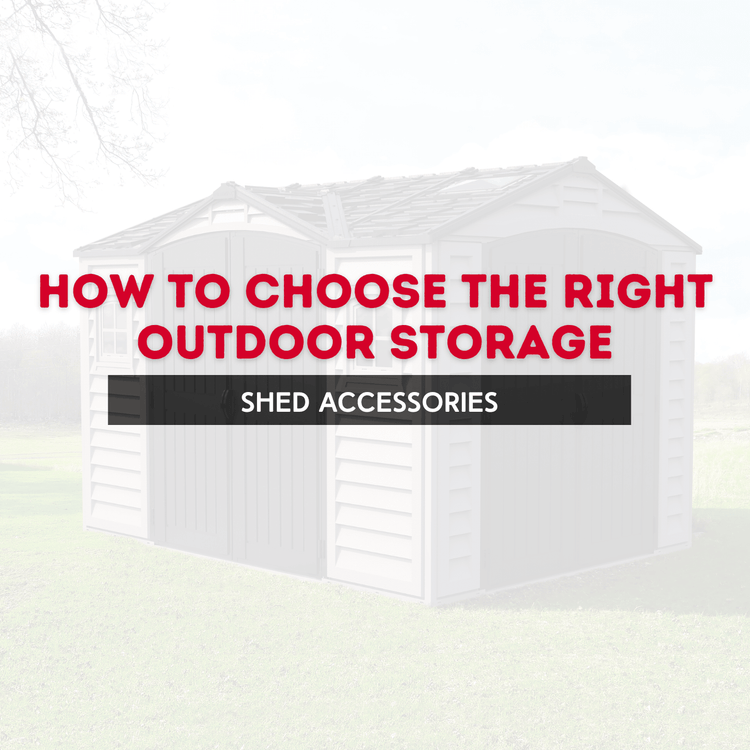 Graphic featuring outdoor storage shed with text on choosing the right shed accessories.