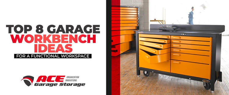 Colorful garage workbench with drawers, highlighting top ideas for a functional workspace.