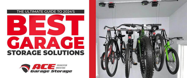 Image showcasing organized garage storage solutions for bicycles under the title 'The Ultimate Guide to 2024's Best Garage Storage Solutions'.