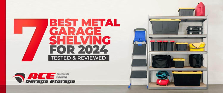 Banner showcasing the 7 best metal garage shelving options for 2024, featuring organized storage boxes and ladder.