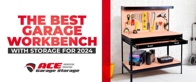 Stylish garage workbench with storage, showcasing tools, for an organized garage in 2024.