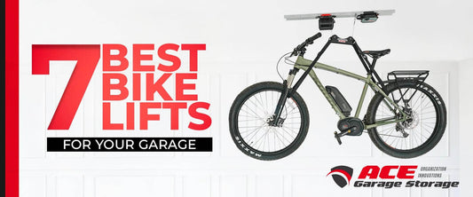 Image showcasing the title '7 Best Bike Lifts for Your Garage' with a mounted bike in a garage setting.