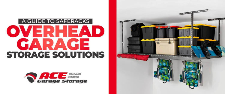 Overhead garage storage units with bins and backpacks, showcasing SafeRacks solutions for maximizing space.