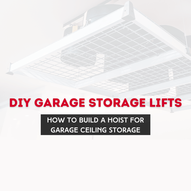 DIY garage storage lift with ceiling-mounted hoist for efficient garage organization.