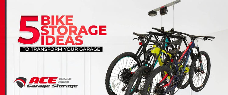 Graphic showcasing 5 bike storage ideas for garage organization with hanging bikes.