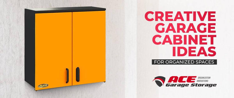 Creative garage cabinet design in black and orange for organized spaces, featuring ACE Garage Storage branding.