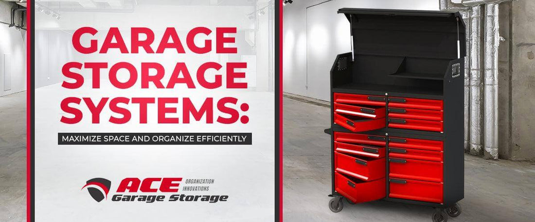 Garage storage systems with red tool cabinet for efficient organization and maximizing space in garages.