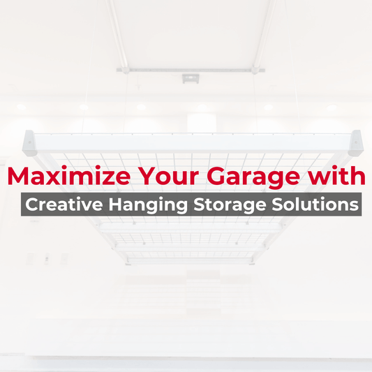Hanging storage solution in a garage with text: Maximize Your Garage with Creative Hanging Storage Solutions.