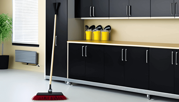 Clean, organized garage featuring a broom and storage cabinets for spring cleaning.