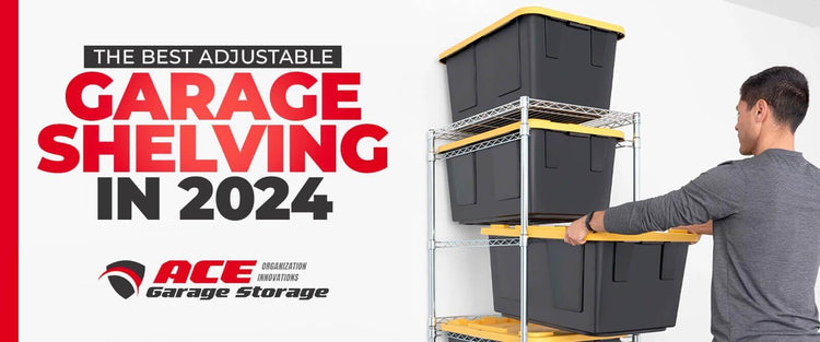 A man organizes storage bins on adjustable garage shelving for optimal space in 2024.