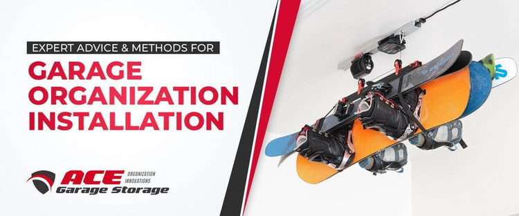 Expert advice for garage organization installation featuring organized snowboards and gear.