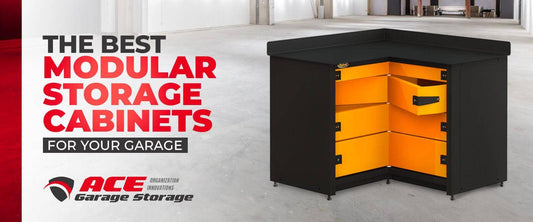 Corner modular storage cabinet with yellow drawers, ideal for garage organization and space maximization.