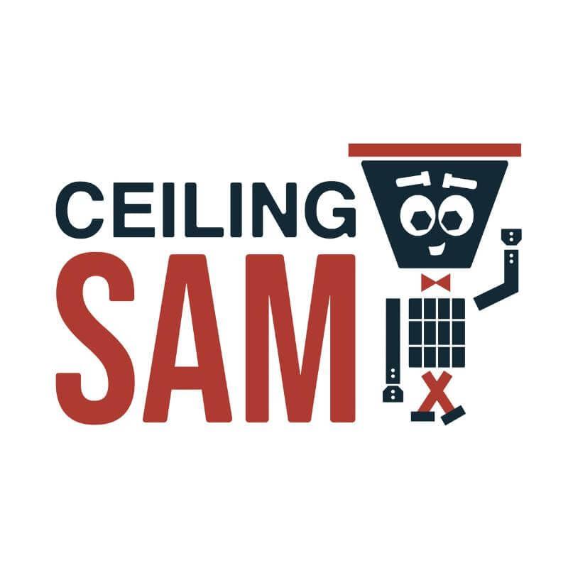 Logo of Ceiling Sam featuring a cheerful character holding a paint bucket and a ceiling motif. 