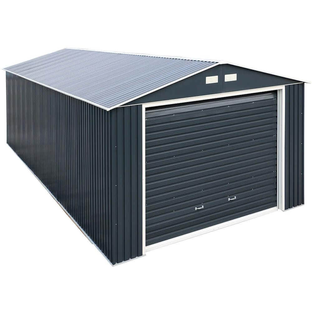 Modern detached garage with a durable metal exterior and a roll-up door for vehicle storage and workshops. 