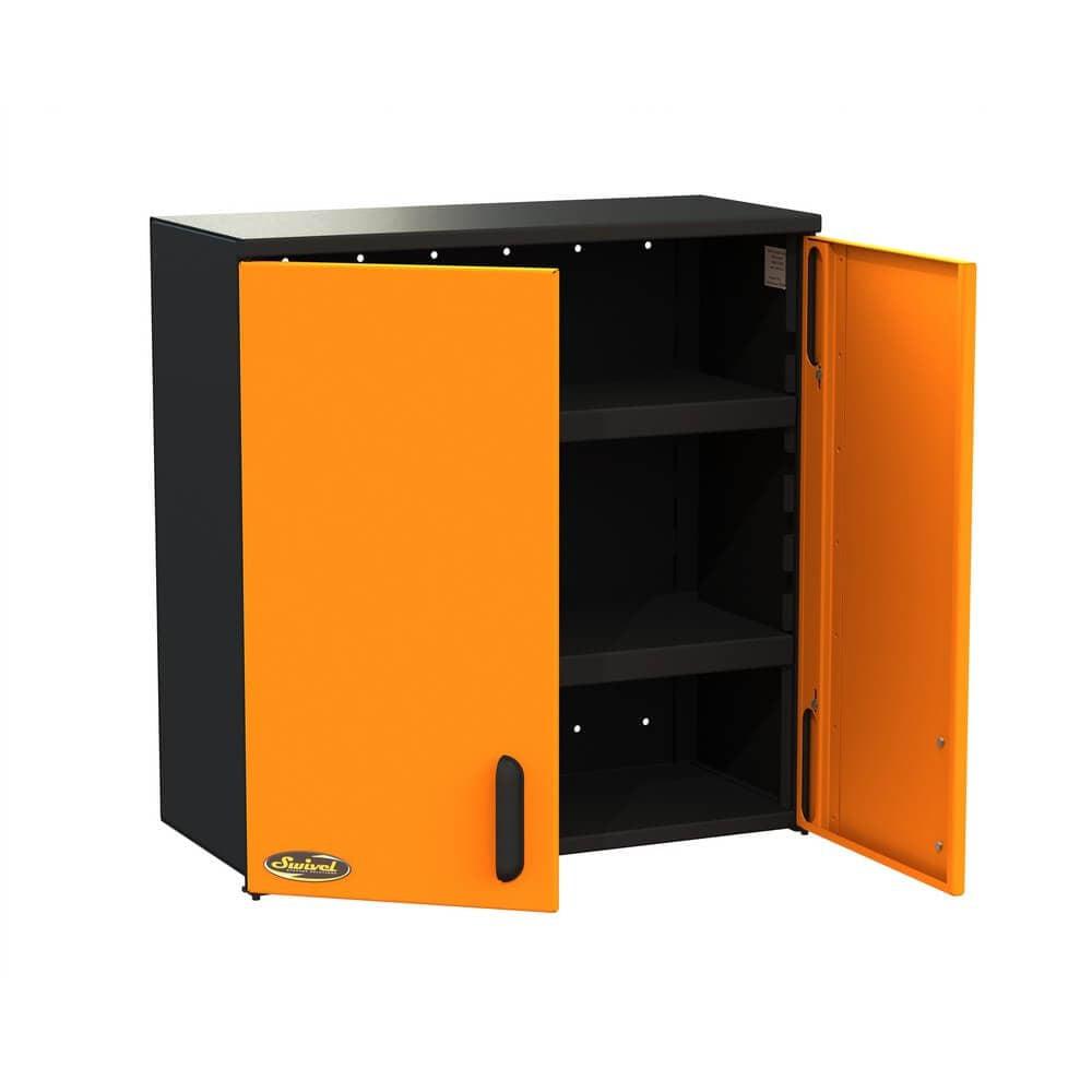 Durable garage cabinet with orange doors, featuring open shelves for organized storage of tools and supplies. 