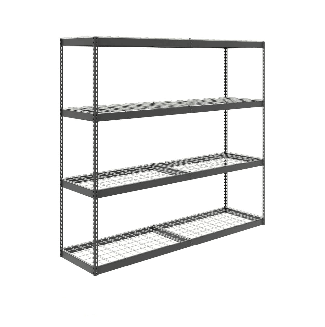 Heavy-duty metal garage shelving unit with four sturdy, wire shelves for robust storage solutions. 