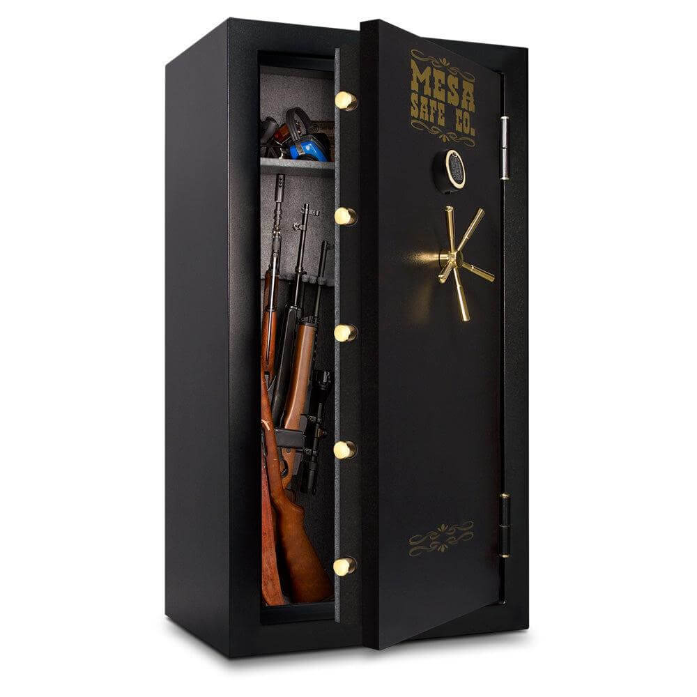 Mesa Safe gun safe displaying firearms securely stored with advanced locking features for safety and protection. 