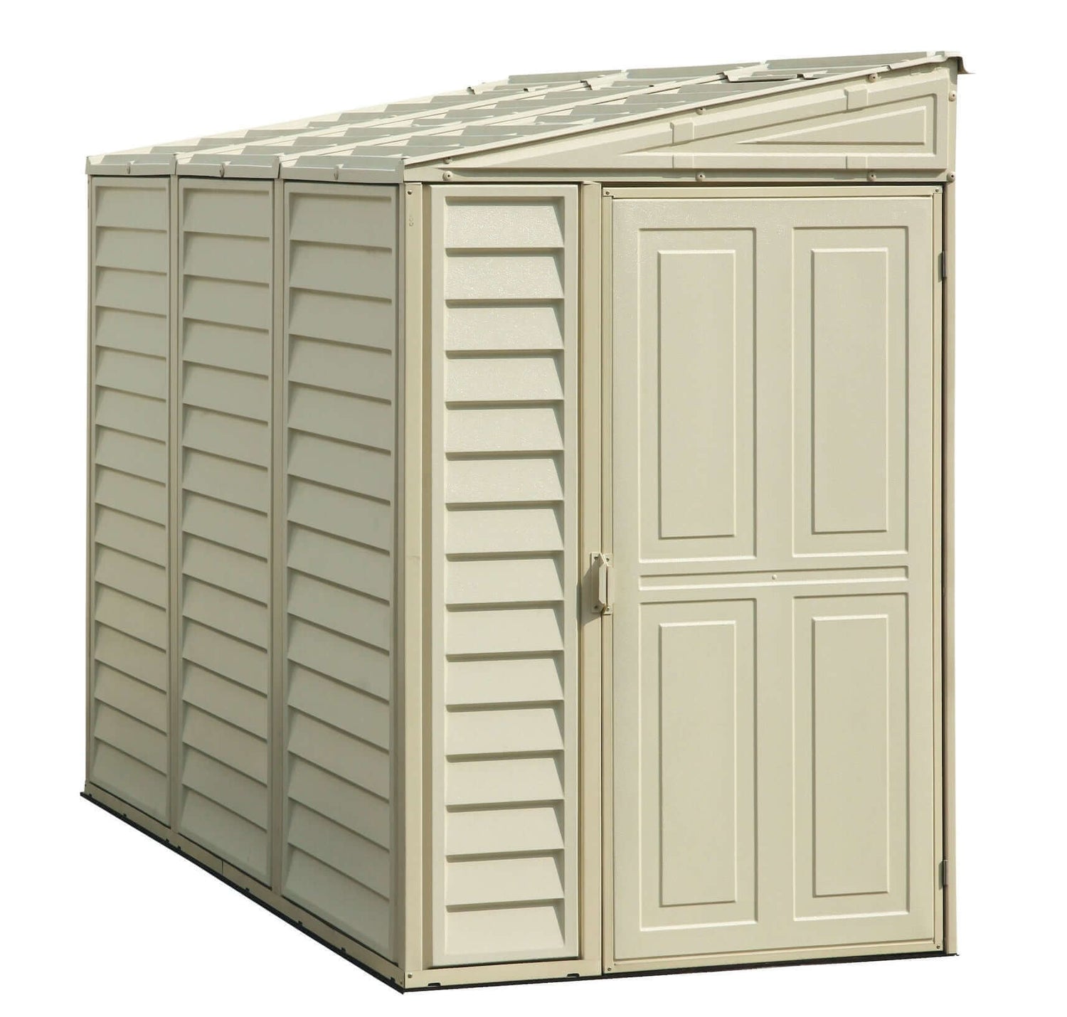 Durable vinyl storage shed with double doors, offering low-maintenance outdoor storage solutions. 