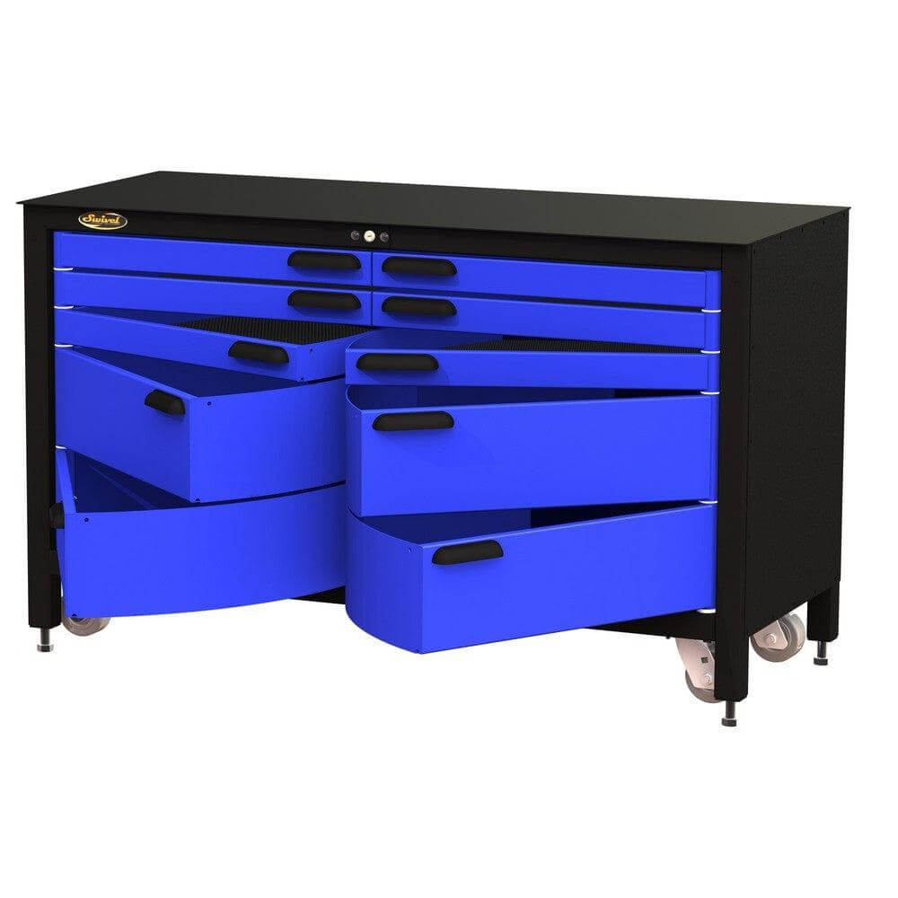 Blue workbench with multiple drawers, providing storage for tools and materials, ideal for workshops and garage spaces. 