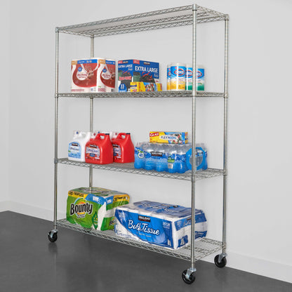 SafeRacks 18x48x72 4-tier wire rack displaying organized household supplies and tissue products.