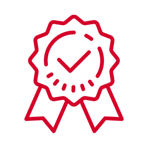 Red award badge with check mark, symbolizing achievement and quality certification.