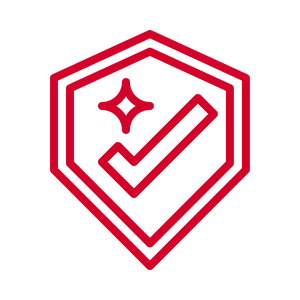 Red shield icon with a checkmark and sparkle, symbolizing verification and trust.