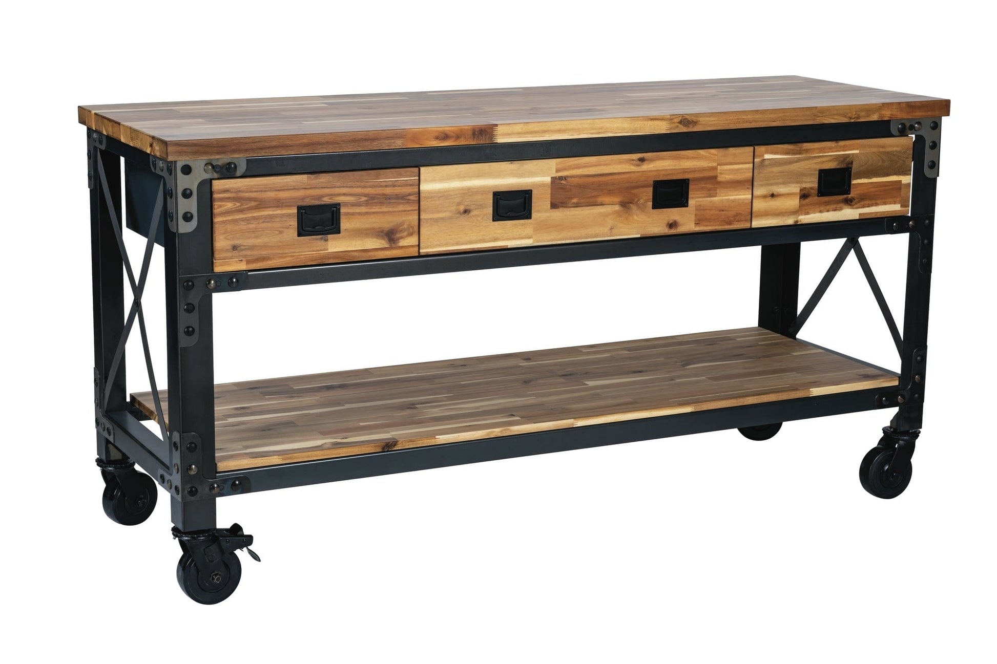 DuraMax 72 In Darby Industrial Metal & Wood kitchen island desk with drawers