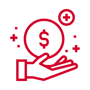 Graphic of a red hand holding a dollar coin, symbolizing finance and investment opportunities.