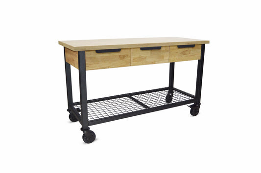 DuraMax Rove 62 In x 24 In 3-Drawer Maple Rubberwood Mobile Workbench with Solid Wood Top