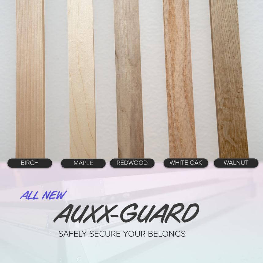 Auxx-Guard wooden slats in Birch, Maple, Redwood, White Oak, and Walnut finishes for Auxx Lift accessory.