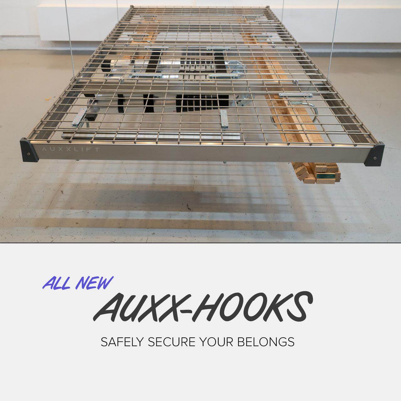 Auxx Lift hooks shown securing cargo on a rack, ideal accessory for kayaks, tents, and more, ensuring safe transport.