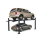 BendPak HD-7P 4 Post Car Lift Narrow with two cars parked, ideal for maximizing parking space.