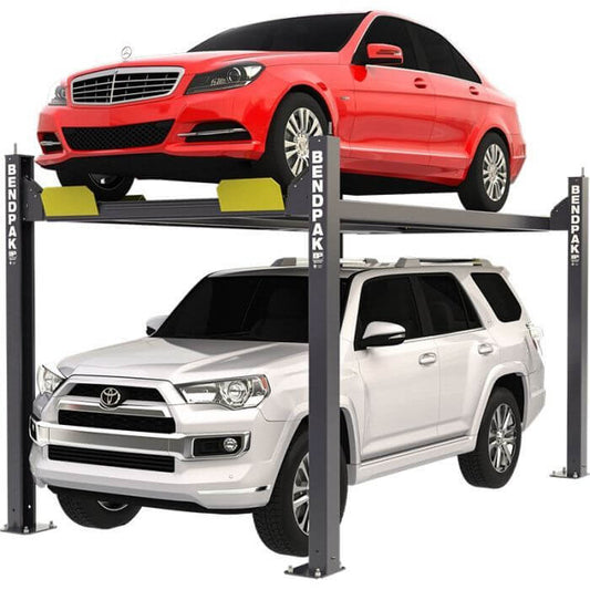 BendPak HD-7W 4 Post Car Lift with a red sports car on top and a white SUV below, showcasing versatility and 7000-lb capacity. 