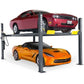 BendPak HD-9 four-post car lift with a red muscle car and orange sports car lifted securely.