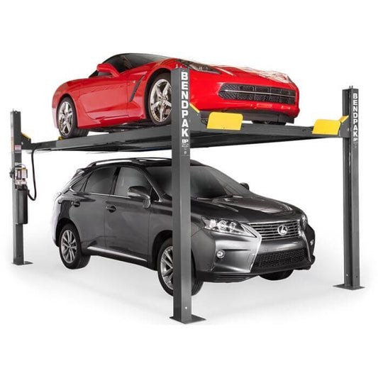BendPak HD-9XW four-post car lift with a red sports car on top and a gray SUV underneath. 