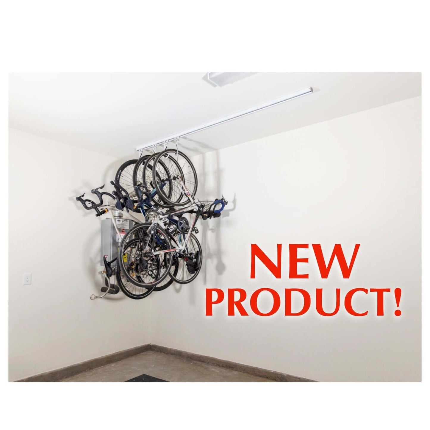 Ceiling SAM Bike Slide Pro organizing 4 bikes with new product announcement in garage setting.