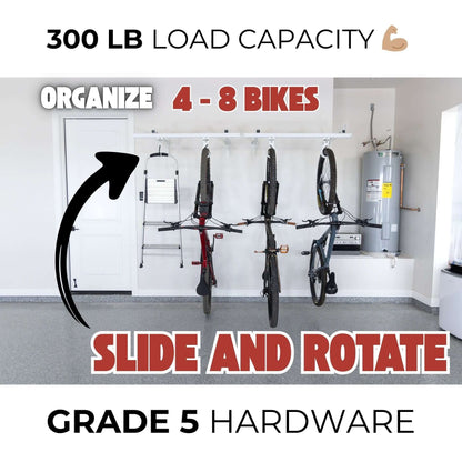 Ceiling SAM Bike Slide Pro - Ceiling Mount with 4 bikes organized, 300 lb load capacity, and easy slide and rotate features.