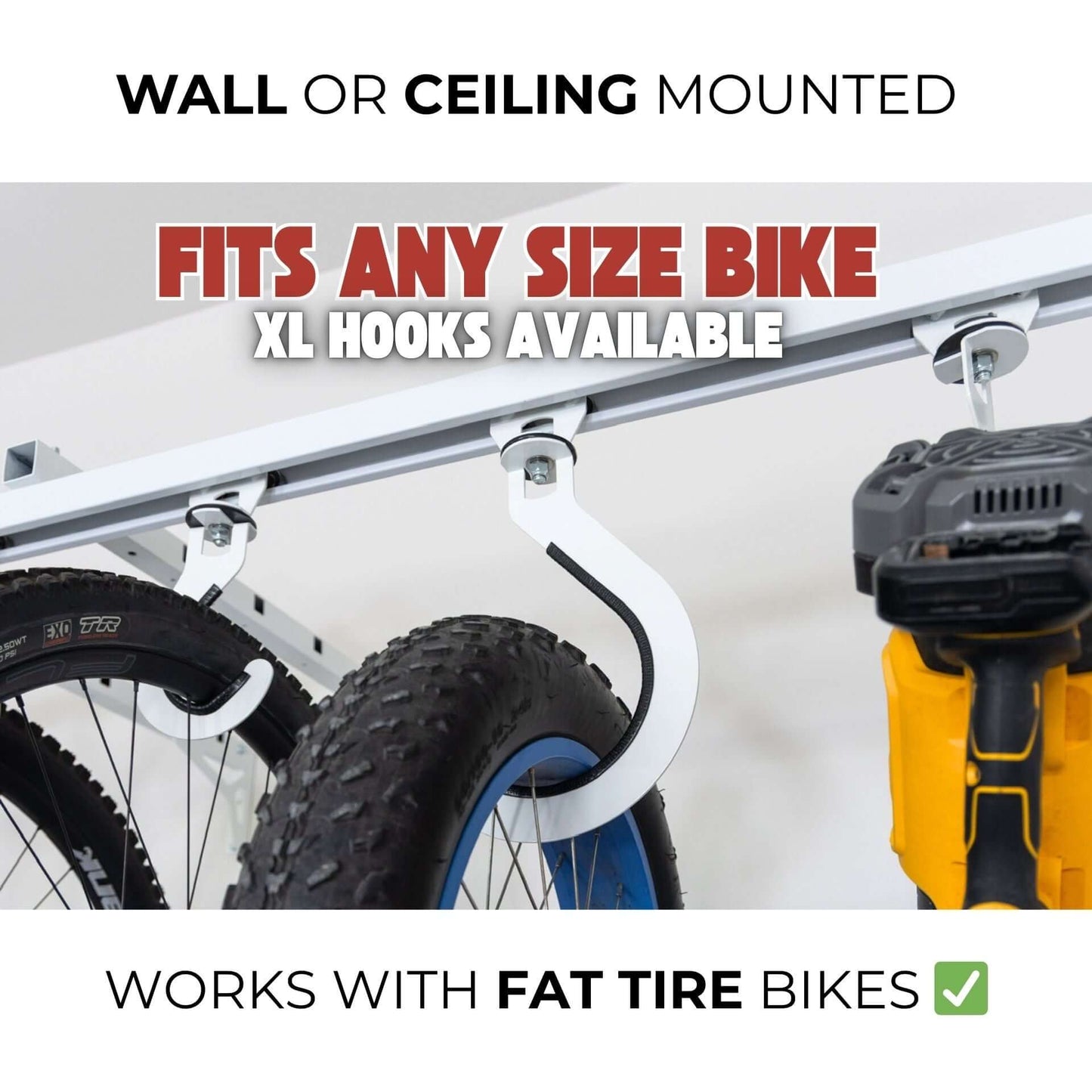 Ceiling SAM Bike Slide Pro - Ceiling Mount with hooks, designed for any size bike including fat tire bikes.