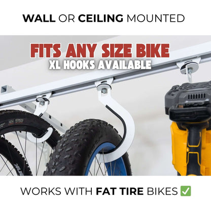 Ceiling SAM Bike Slide Pro - Ceiling Mount with hooks, designed for any size bike including fat tire bikes.